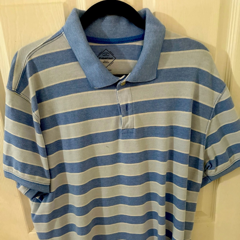 St. John’s Bay, hundred percent cotton, XL, short sleeve, polo shirt, blue,&Wht